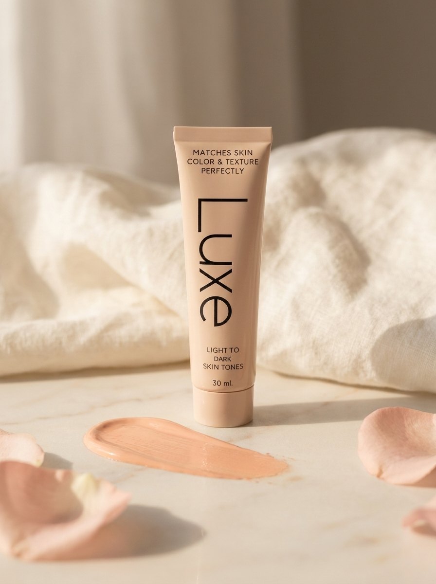 A tube of Luxe adaptive foundation on marble with linen and rose petals, beside a swatch of the product