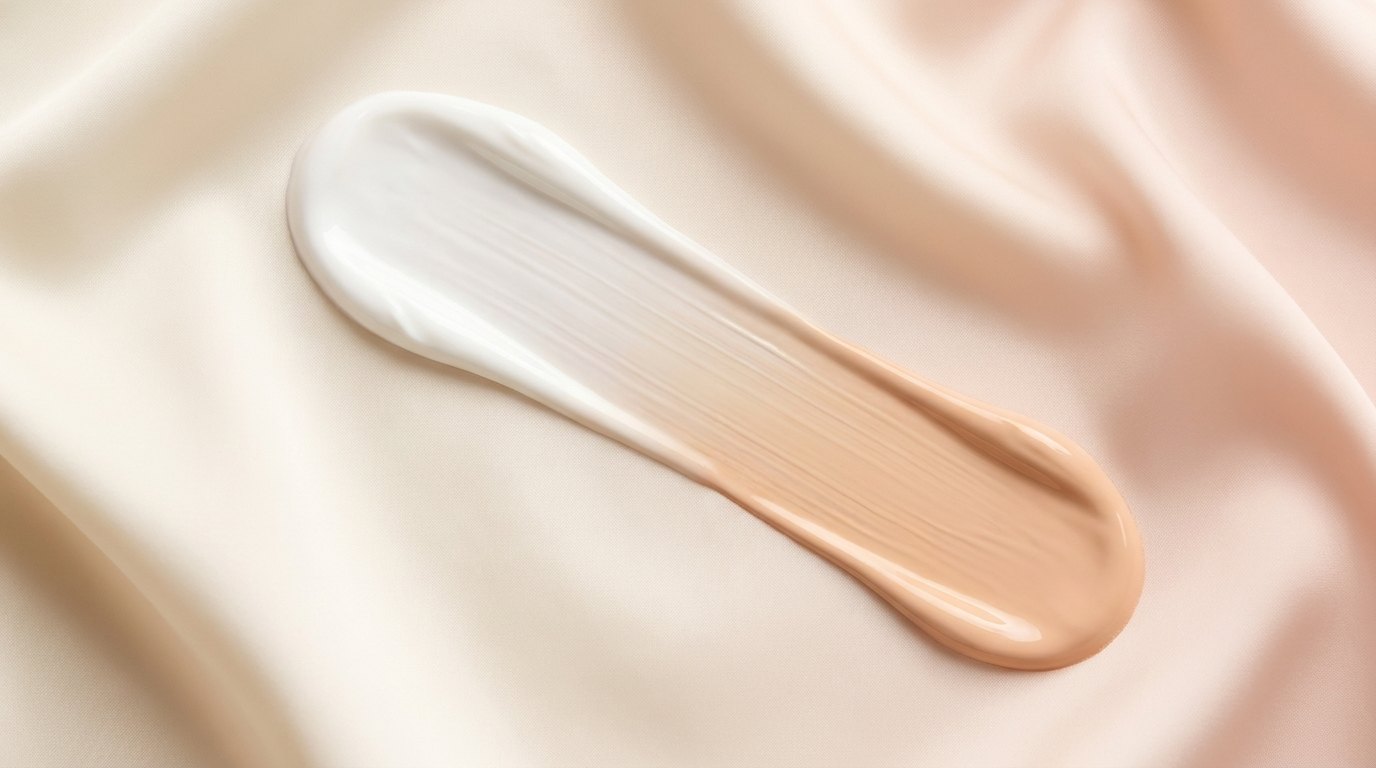 A swatch of Luxe foundation, pure white at one end and blended into a warm skin tone at the other